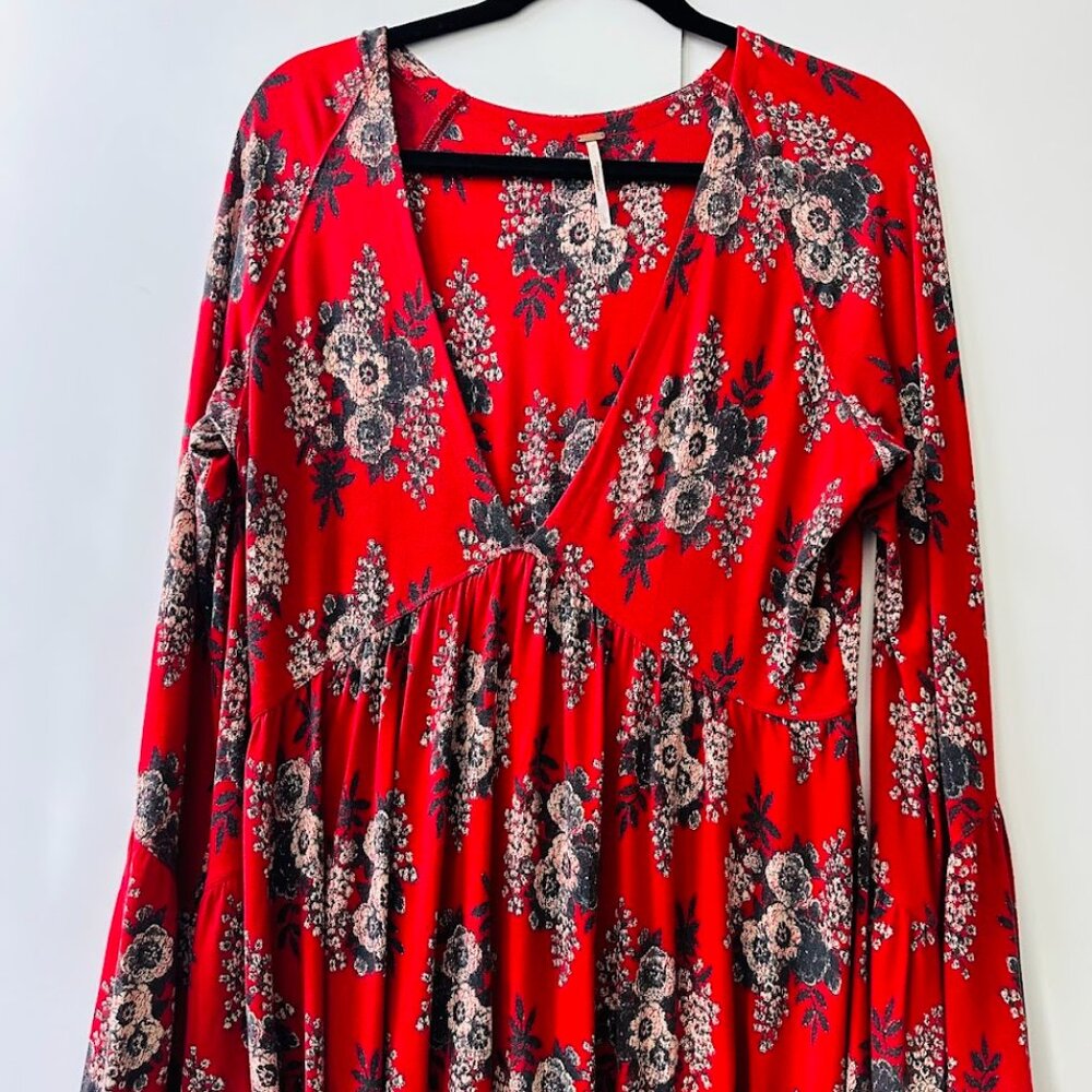Free People Women Floral Red Low V-Neck Bell Sleeves Tunic Blouse Sz L Bohemian